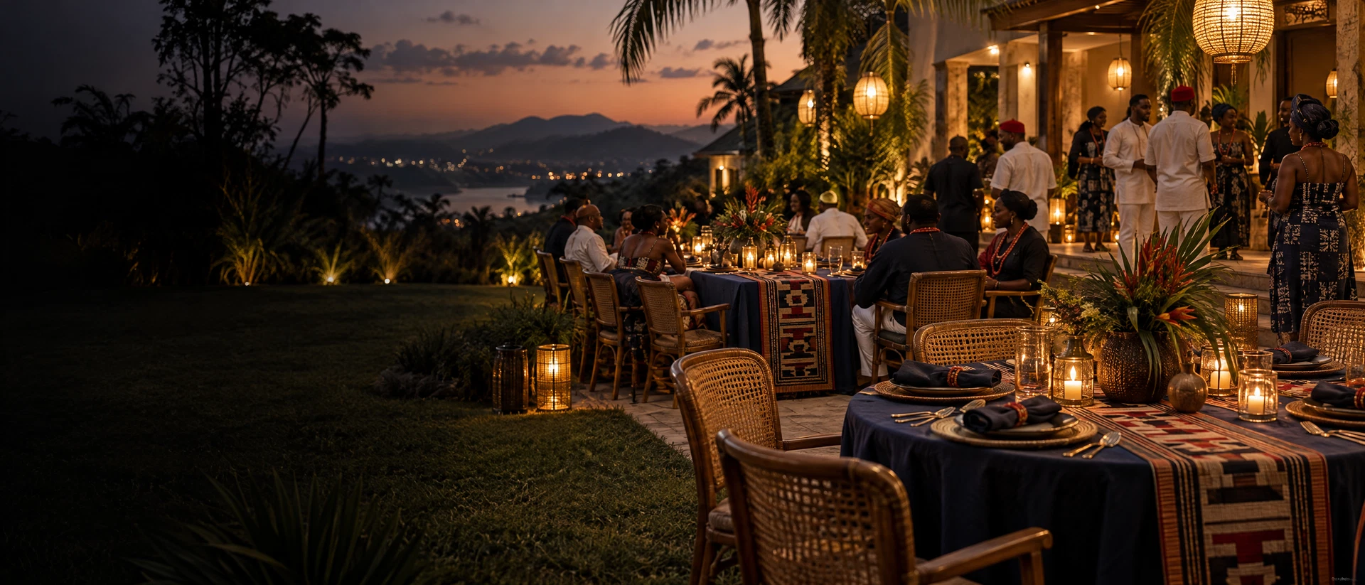Igbo-inspired gala setting with warm lights, woven runners and indigo details